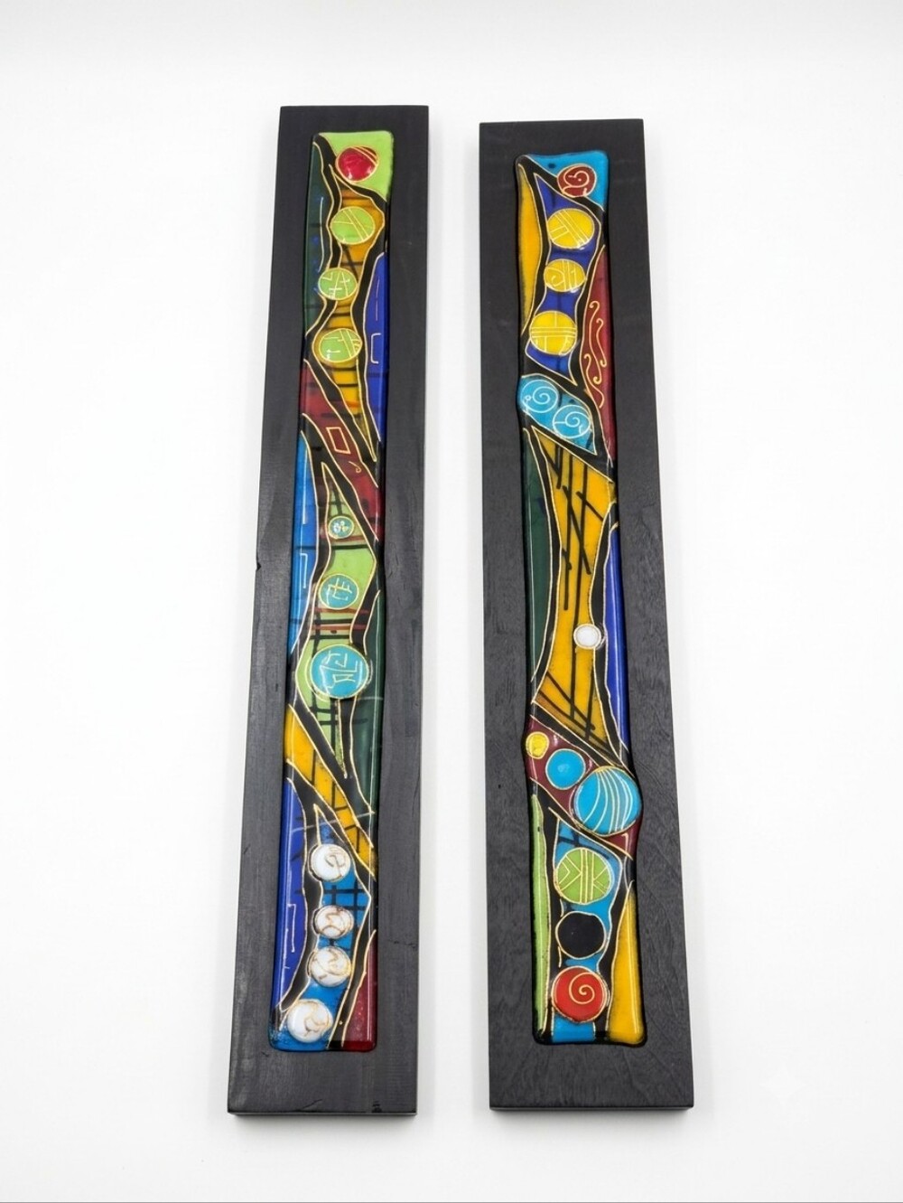 J. Felix Fused Art Glass Wood Wall Plaques Set of 2 Panels Abstract 24" Signed